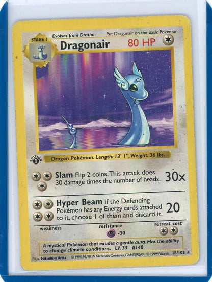 Dragonair 1999 Pokemon Base Set 1st Edition Shadowless rare non holo 18/102 HP/DMG – Official Pokemon TCG Product